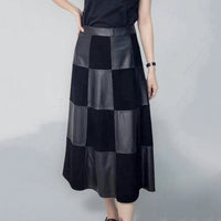 Women's Genuine Leather High Waist Checkerboard A-Line Maxi Skirt M Windia