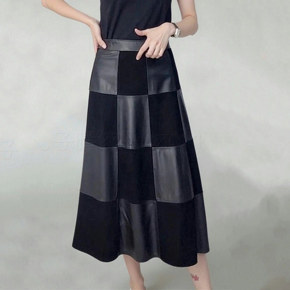 Women's Genuine Leather High Waist Checkerboard A-Line Maxi Skirt M Windia