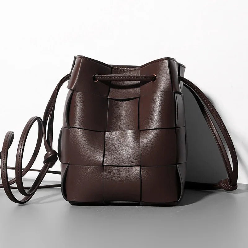Women's Brown Leather Woven Bucket Bag | Shoulder Bag - Windia