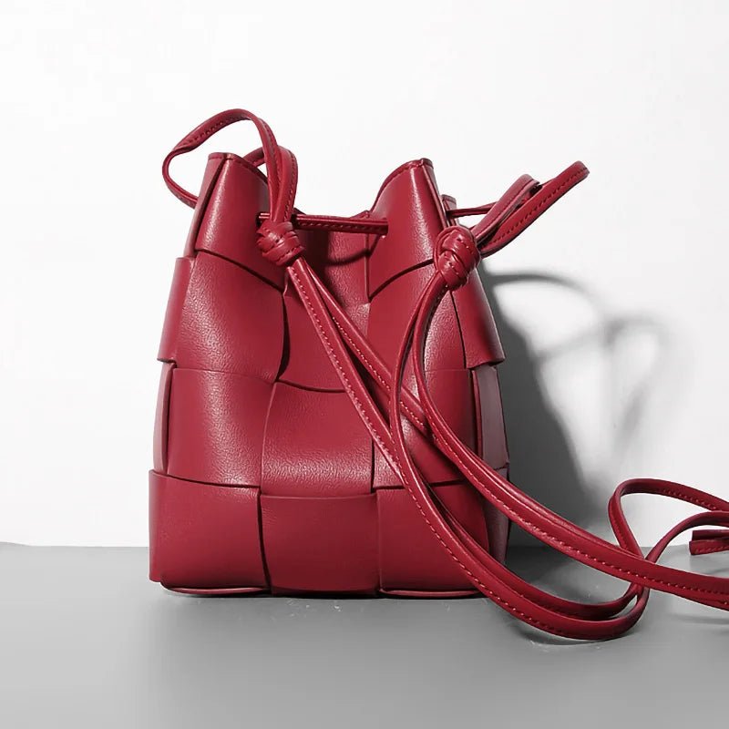 Women's Red Leather Woven Bucket Bag | Shoulder Bag - Windia