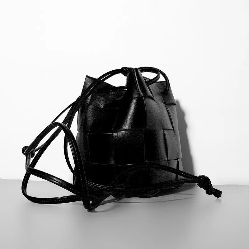 Women's Black Leather Woven Bucket Bag | Shoulder Bag - Windia