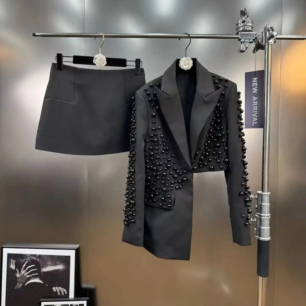 Women's Heavy Beaded Blazer & Straight Skirt Two-Piece Set Black Windia
