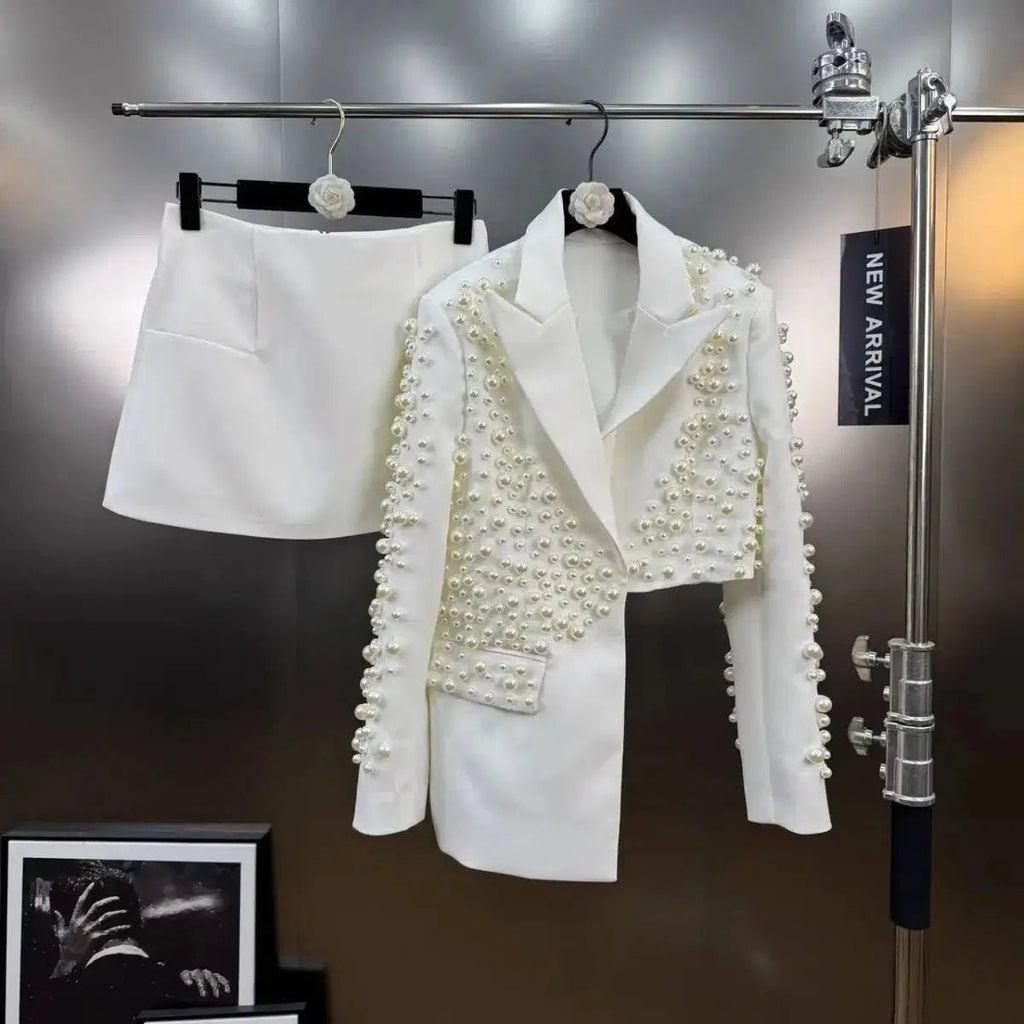 Women's Heavy Beaded Blazer & Straight Skirt Two-Piece Set White Windia