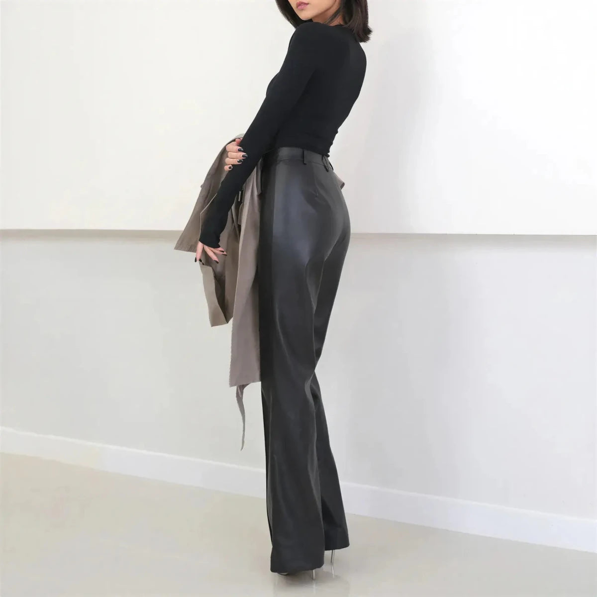 Women's Black High Waist Straight Leg Genuine Leather Pants | Windia