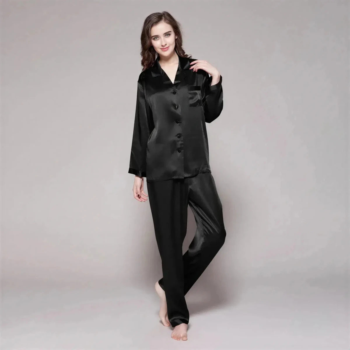Women's Mulberry Silk Pajama Set | Long Sleeve 2-Piece Sleepwear Black Windia
