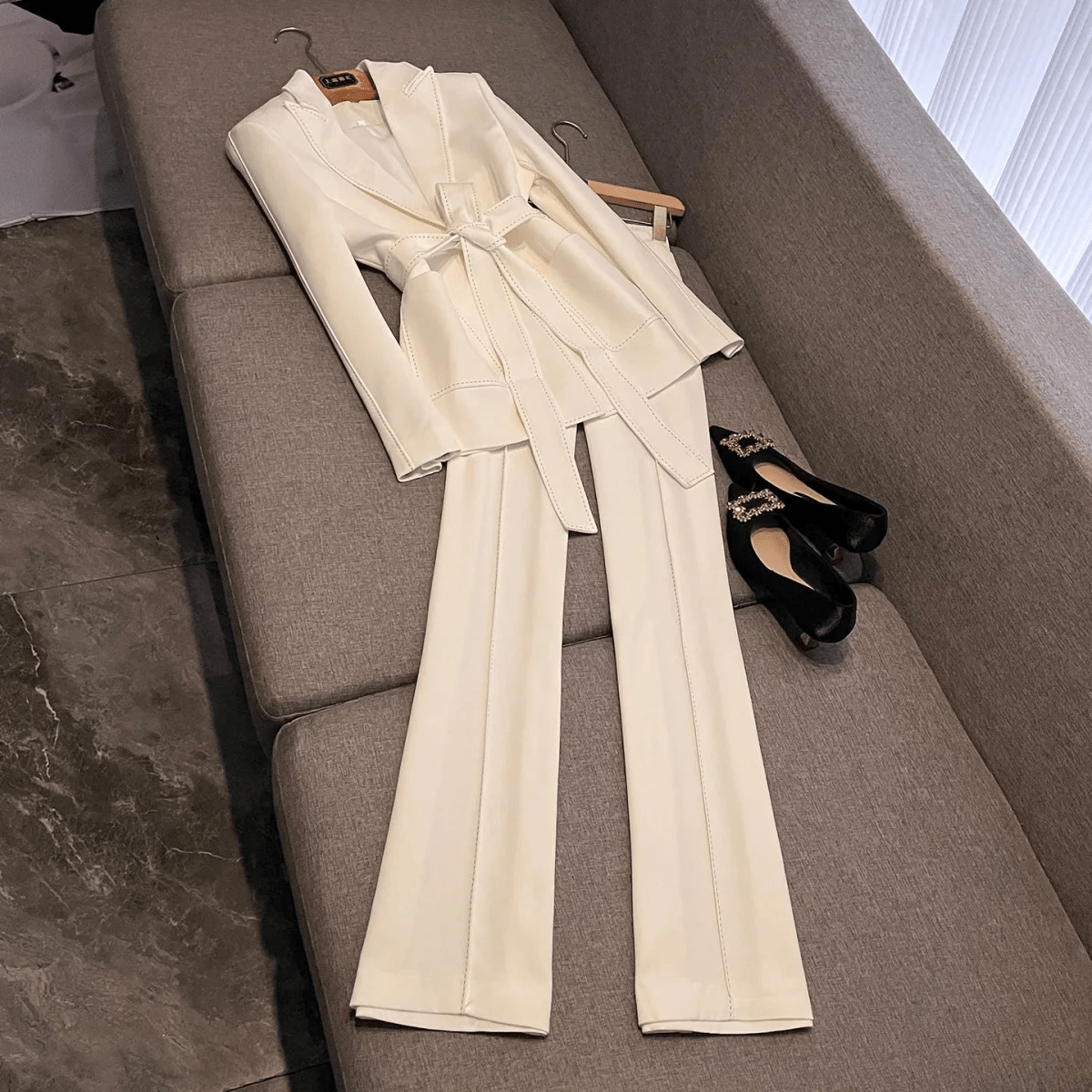 Women's Office Suit 2-Piece Blazer & Flared Pants Set | Quilted Single Button with Belt - Windia