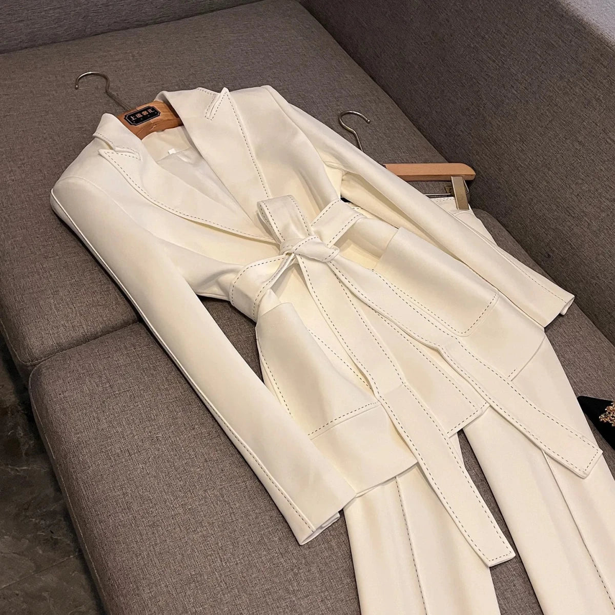 Women's Office Suit 2-Piece Blazer & Flared Pants Set | Quilted Single Button with Belt - Windia