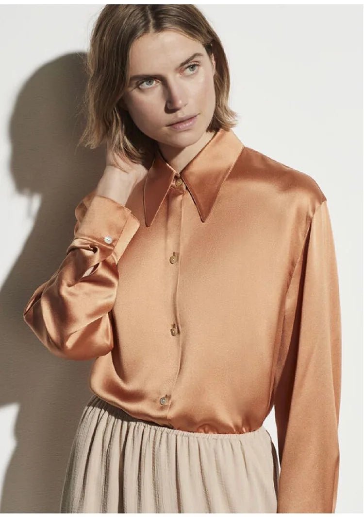 Women's Pearl Silk Satin Lapel Shirt | Luxury Blouse - Windia