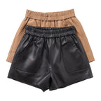 Women's Sheepskin Leather Wide-Leg Shorts | Genuine Leather | Camel & Black | S–3XL - Windia