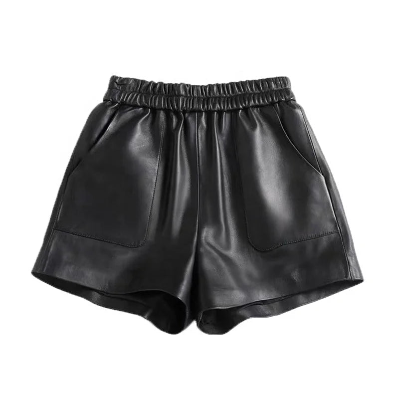Women's Sheepskin Leather Wide-Leg Shorts | Genuine Leather | Camel & Black | S–3XL - Windia