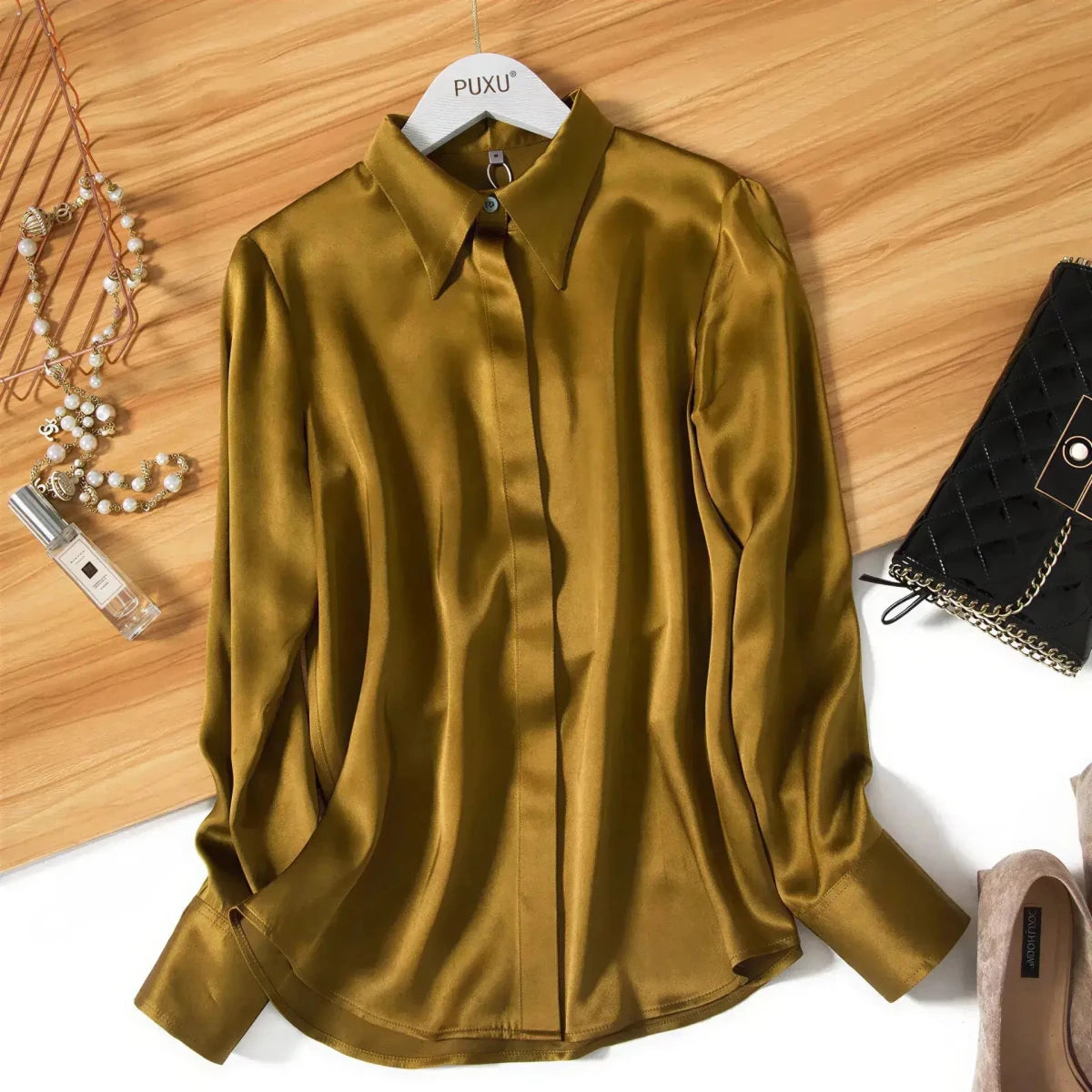 Women's Silk Satin Shirt | Long Sleeve Loose Blouse M Windia
