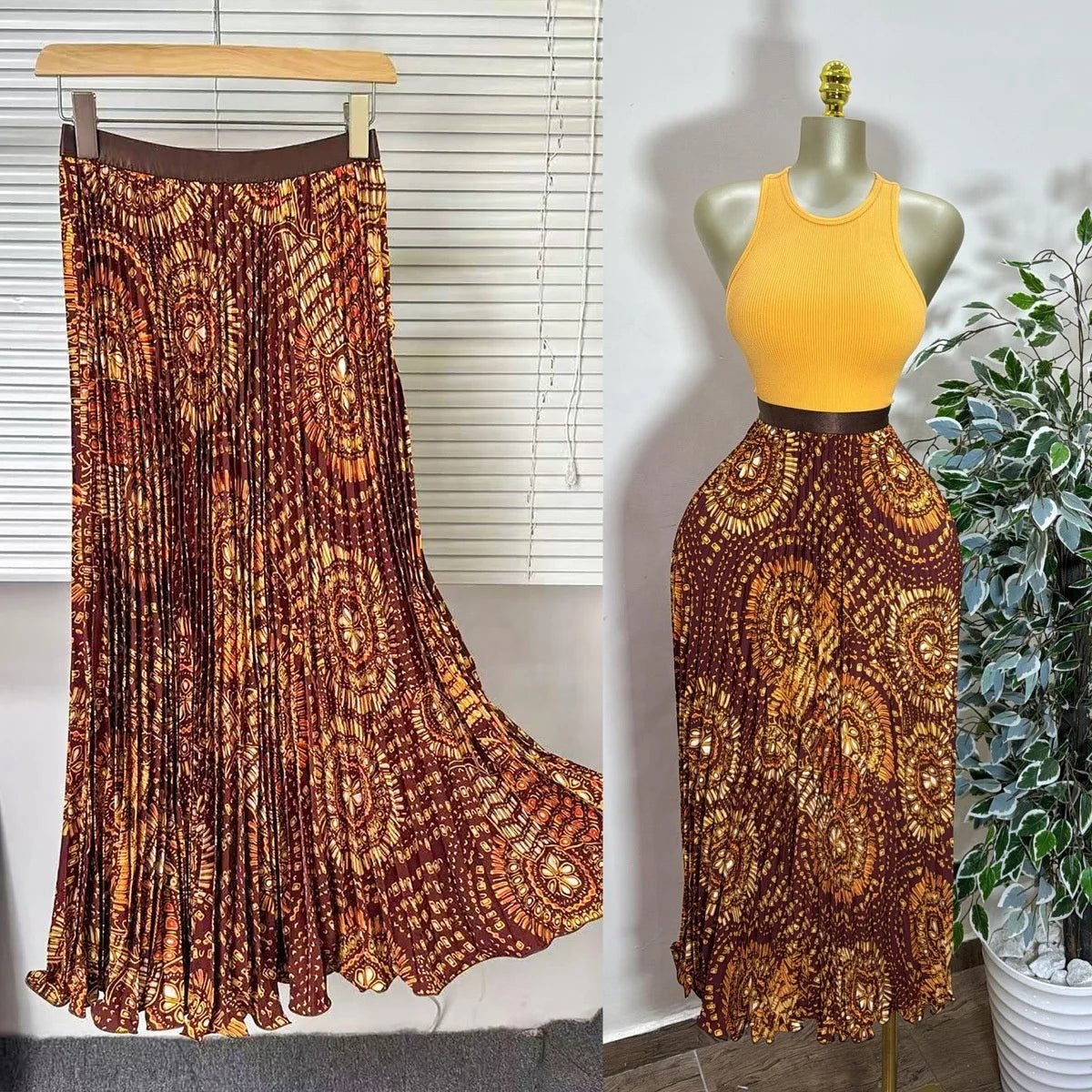 Elegant A-line Midi Skirt, High Waist & Pleats - Perfect for Day to Night! - Windia